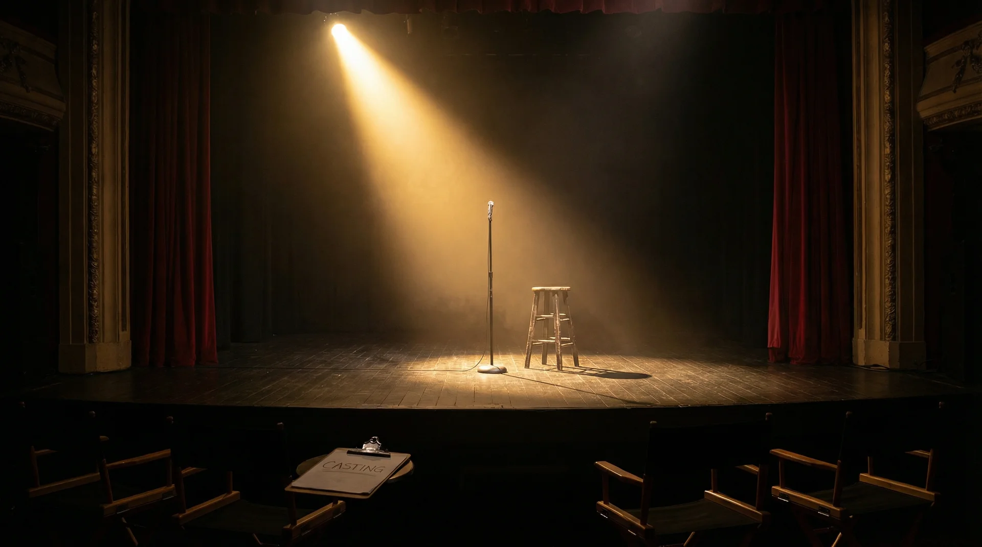 群p 选角现场，聚光灯下的空舞台等待演员登场